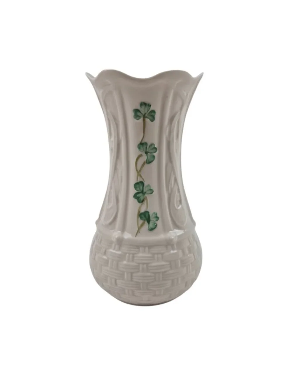 Belleek Shamrock Kells Vase Porcelain 6 in Basketweave Green Mark Vintage